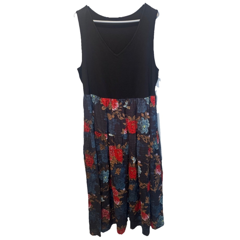 Yesno‎ Black Colorful Floral Sleeveless V Neck Maxi Dress 2XL NEW Beach Casual